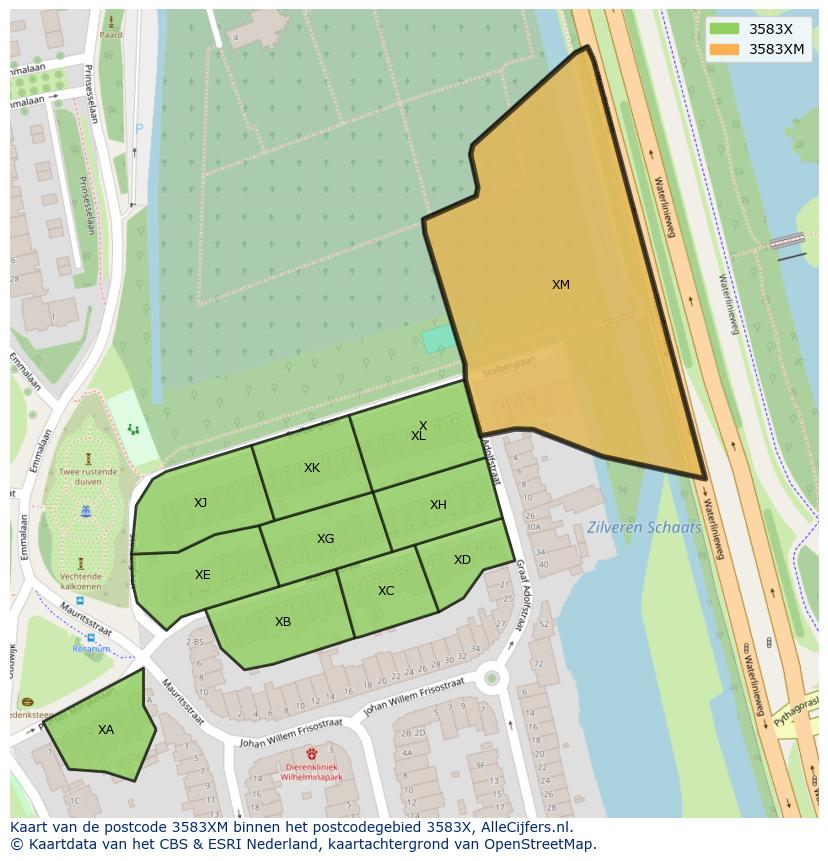 Afbeelding van het postcodegebied 3583 XM op de kaart.