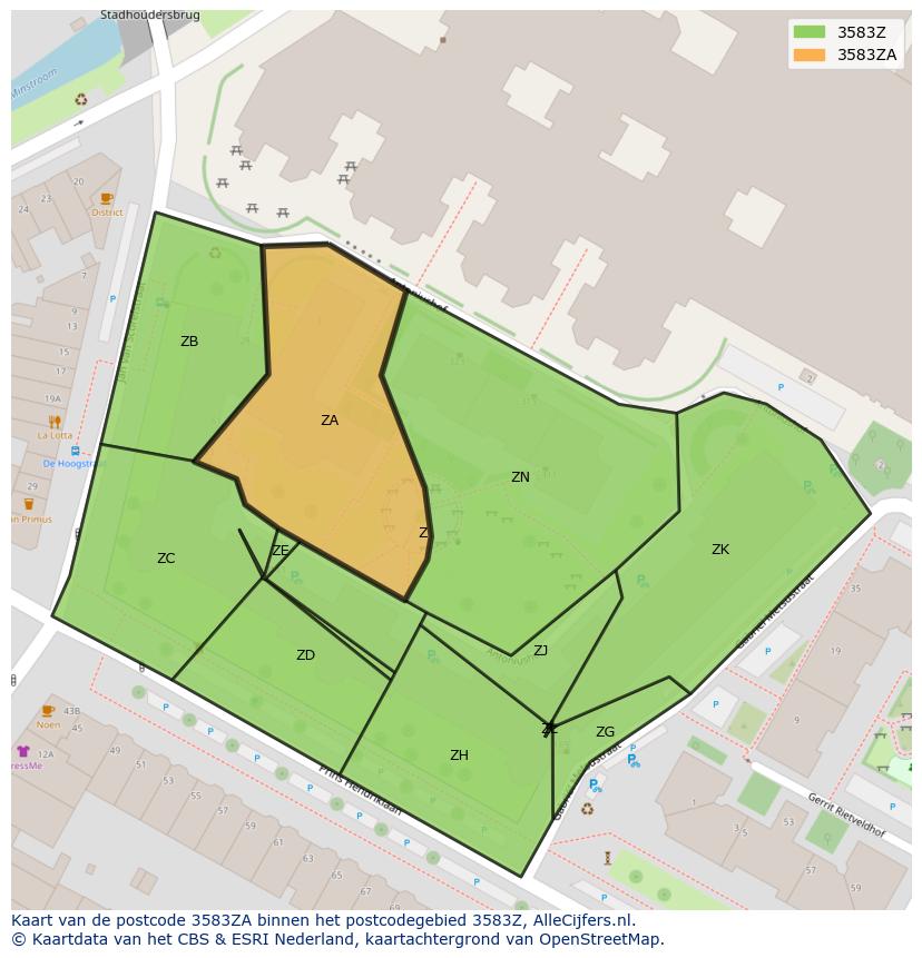 Afbeelding van het postcodegebied 3583 ZA op de kaart.