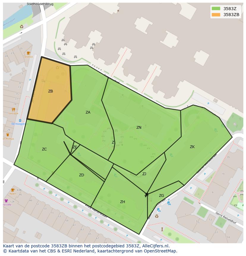 Afbeelding van het postcodegebied 3583 ZB op de kaart.