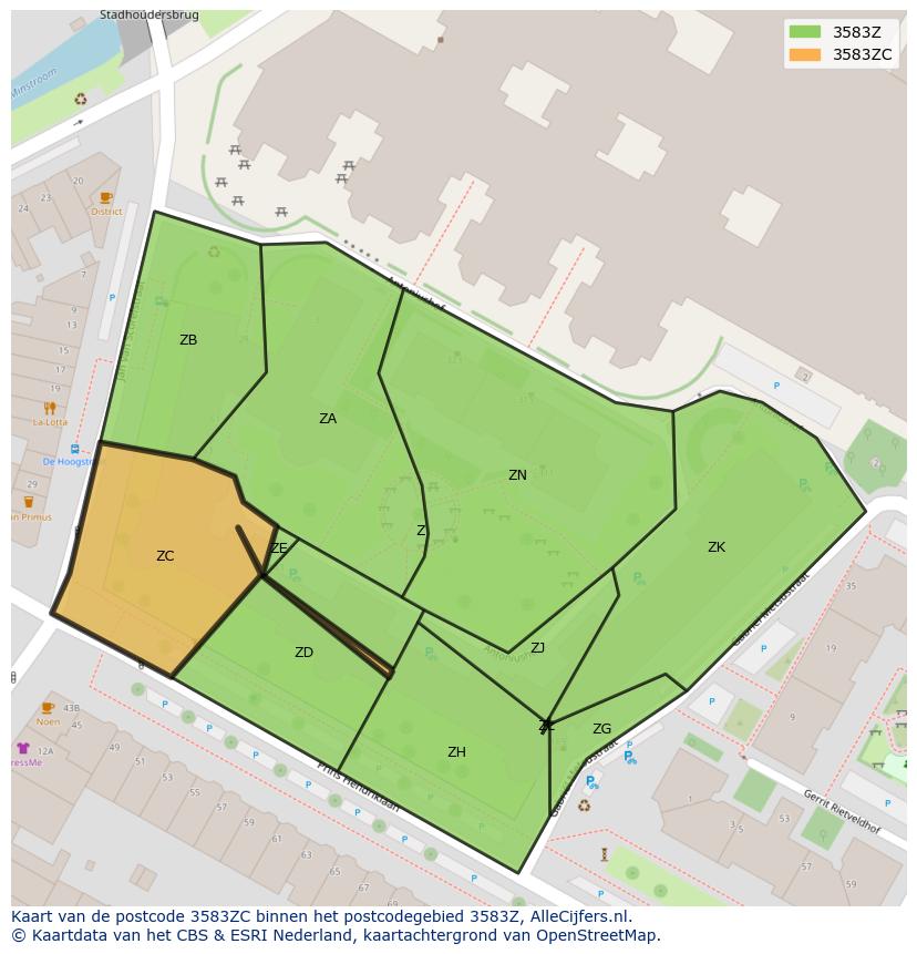 Afbeelding van het postcodegebied 3583 ZC op de kaart.
