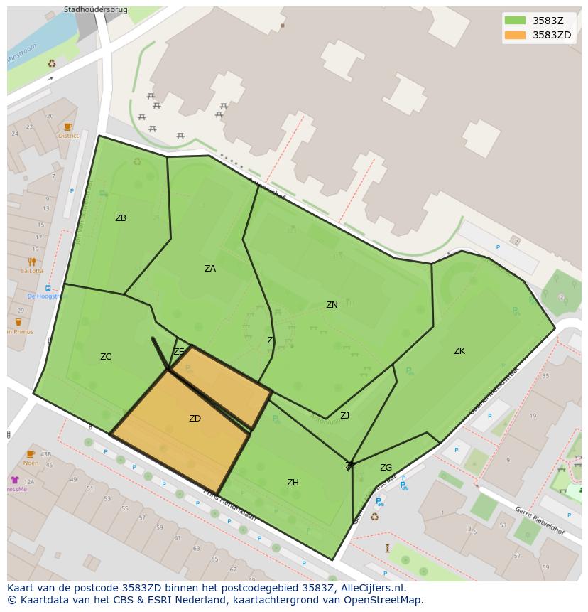 Afbeelding van het postcodegebied 3583 ZD op de kaart.