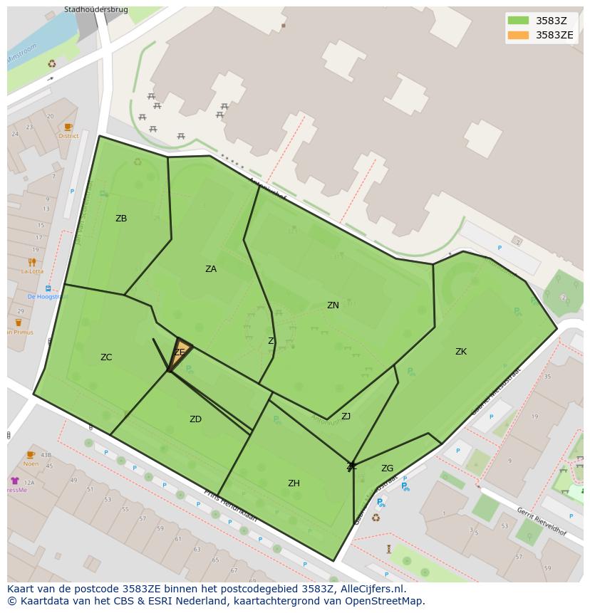 Afbeelding van het postcodegebied 3583 ZE op de kaart.