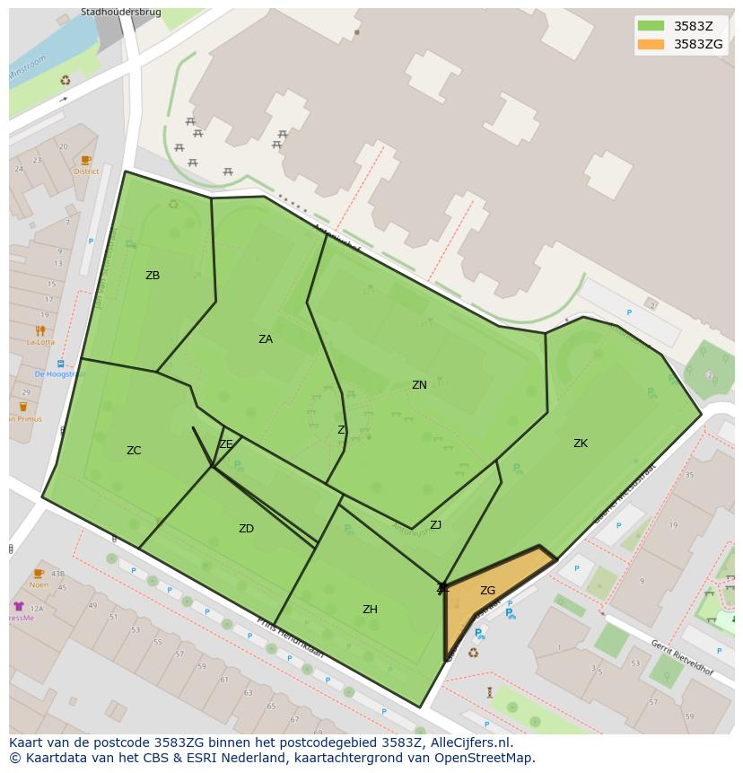 Afbeelding van het postcodegebied 3583 ZG op de kaart.