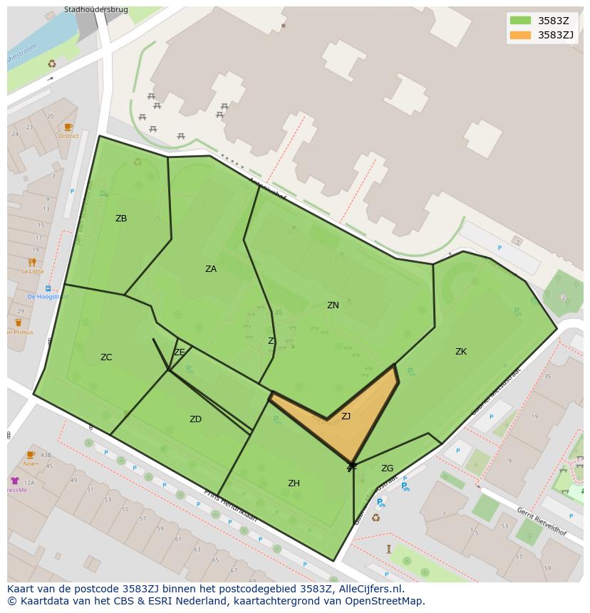 Afbeelding van het postcodegebied 3583 ZJ op de kaart.