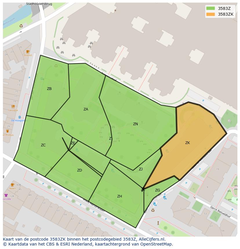 Afbeelding van het postcodegebied 3583 ZK op de kaart.