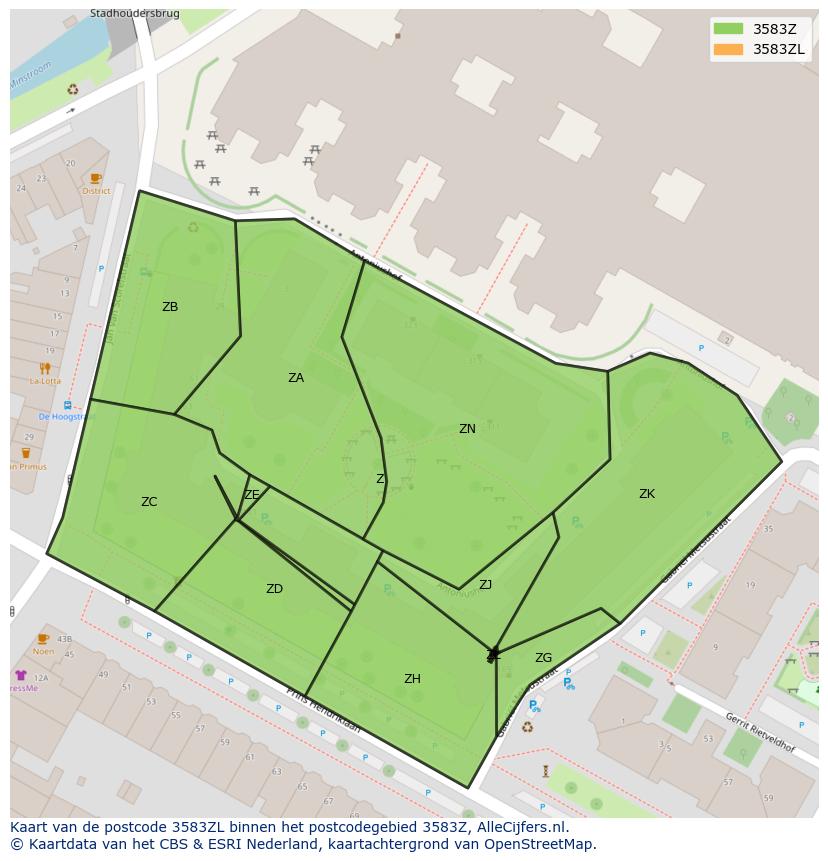 Afbeelding van het postcodegebied 3583 ZL op de kaart.