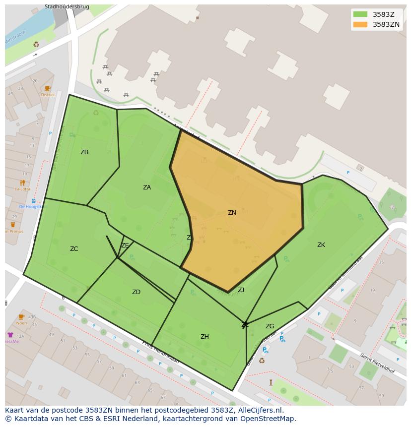 Afbeelding van het postcodegebied 3583 ZN op de kaart.