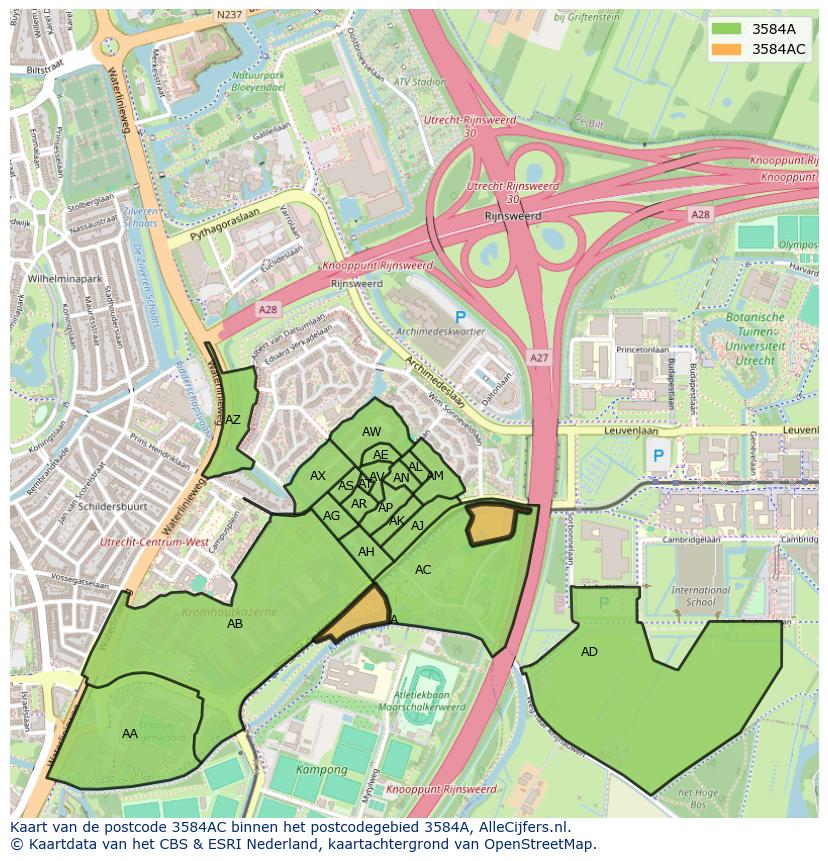 Afbeelding van het postcodegebied 3584 AC op de kaart.