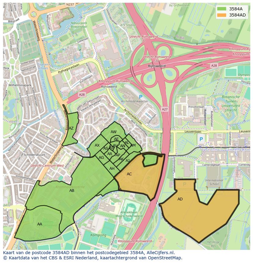 Afbeelding van het postcodegebied 3584 AD op de kaart.