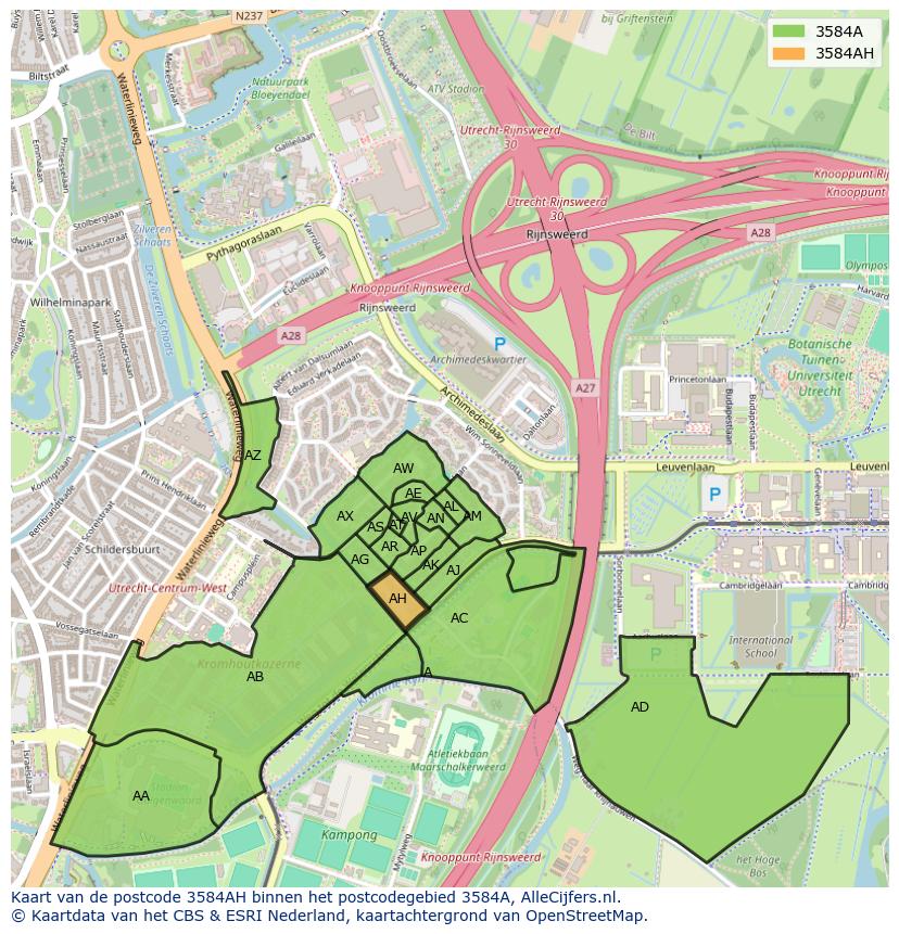 Afbeelding van het postcodegebied 3584 AH op de kaart.