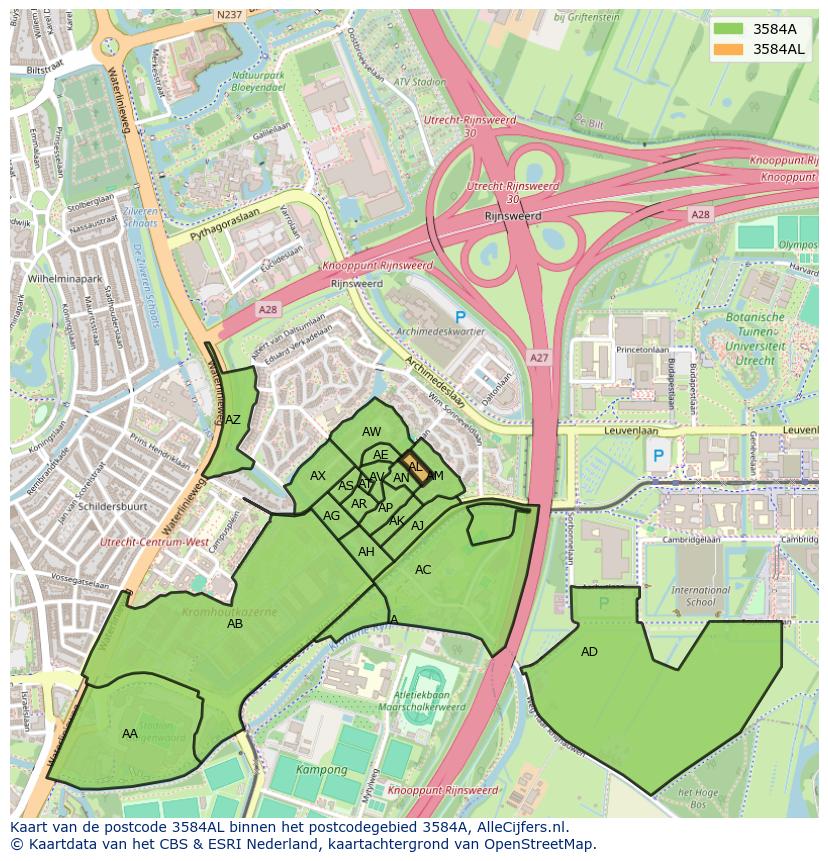 Afbeelding van het postcodegebied 3584 AL op de kaart.