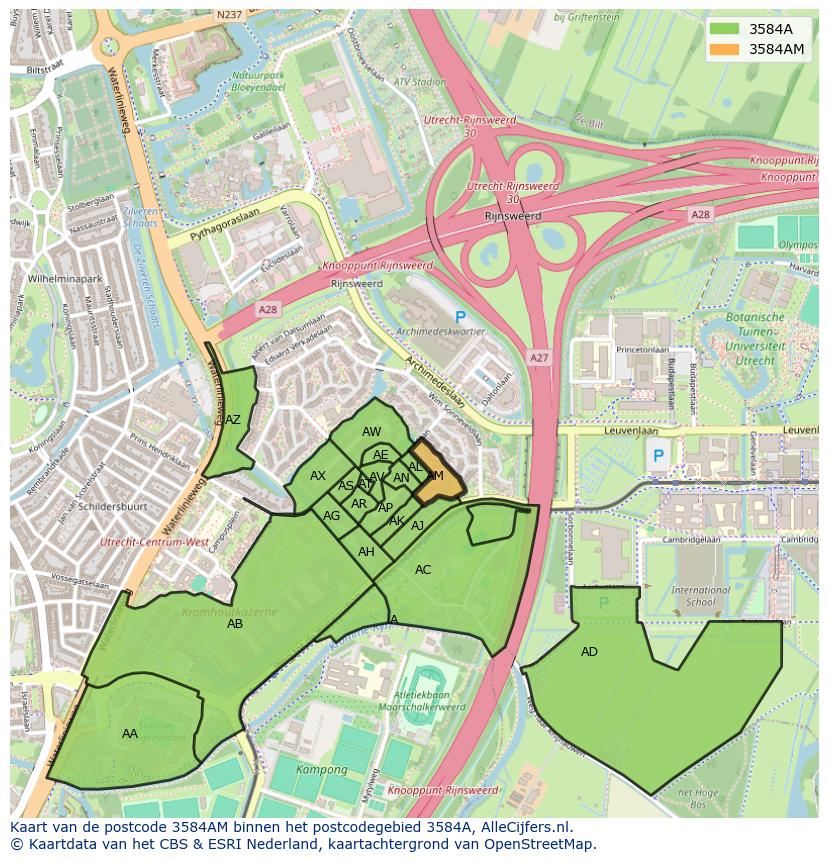 Afbeelding van het postcodegebied 3584 AM op de kaart.