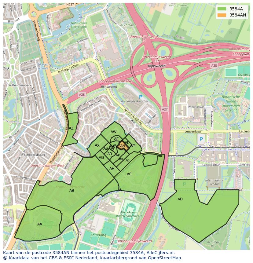 Afbeelding van het postcodegebied 3584 AN op de kaart.