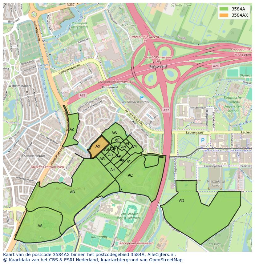 Afbeelding van het postcodegebied 3584 AX op de kaart.
