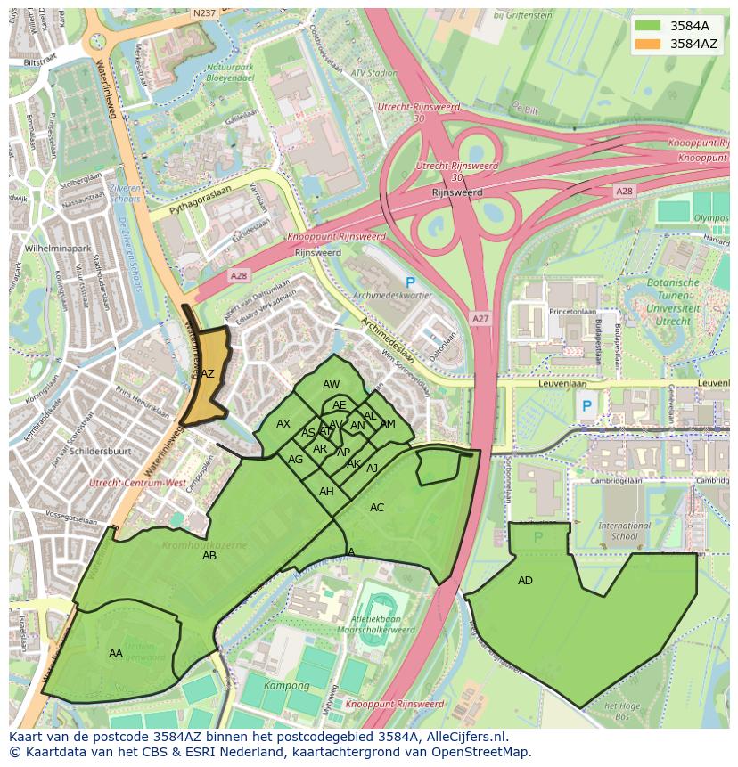Afbeelding van het postcodegebied 3584 AZ op de kaart.