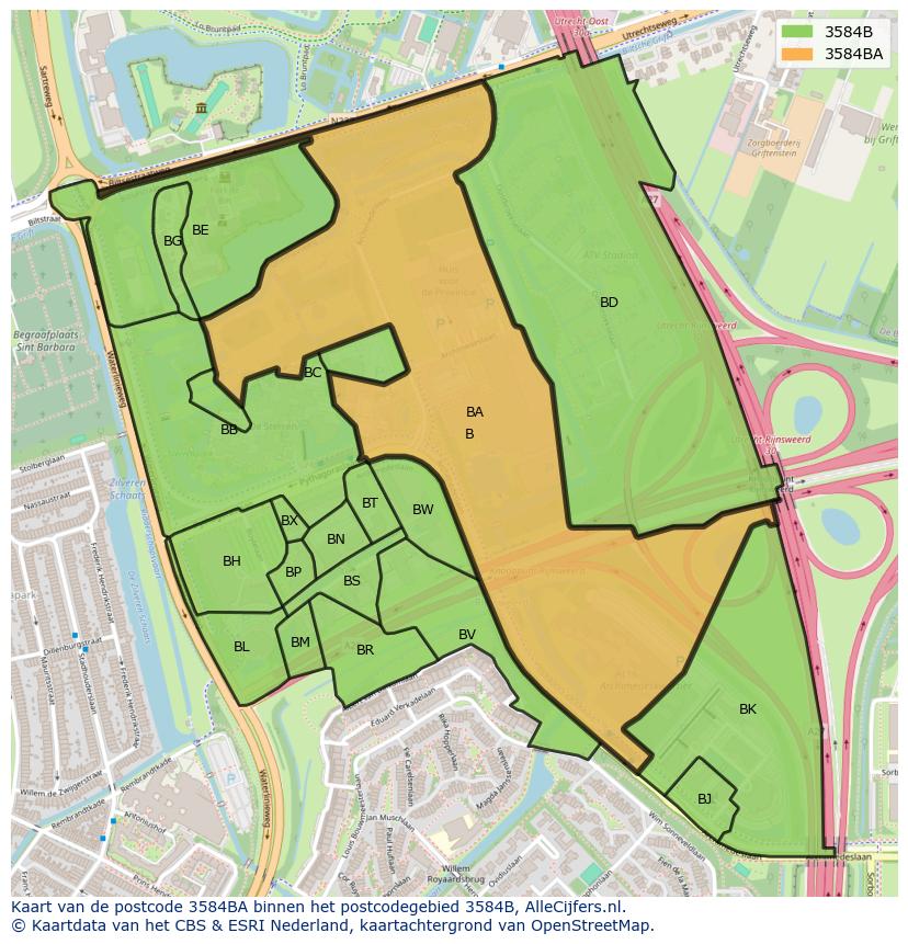 Afbeelding van het postcodegebied 3584 BA op de kaart.