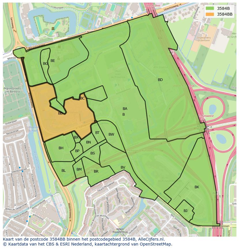 Afbeelding van het postcodegebied 3584 BB op de kaart.
