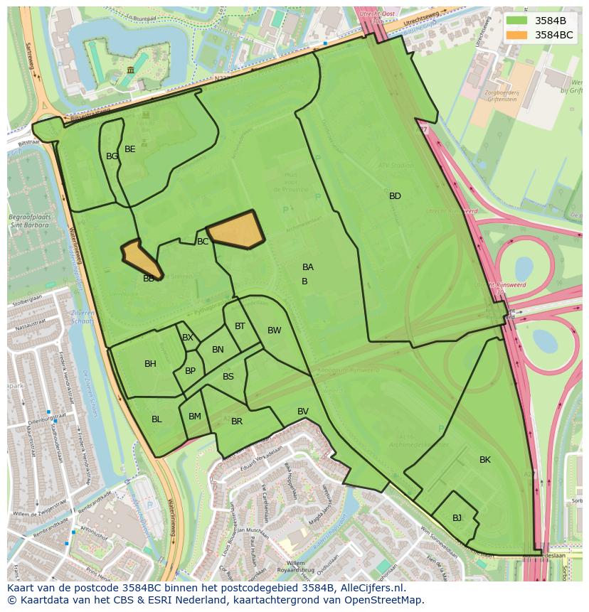 Afbeelding van het postcodegebied 3584 BC op de kaart.