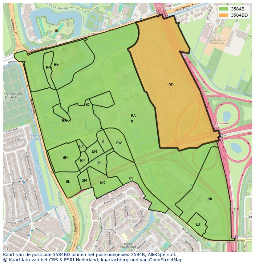 Afbeelding van het postcodegebied 3584 BD op de kaart.