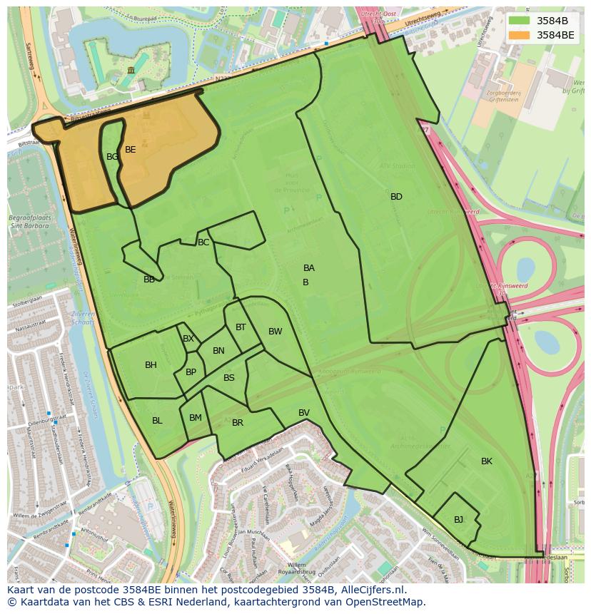 Afbeelding van het postcodegebied 3584 BE op de kaart.