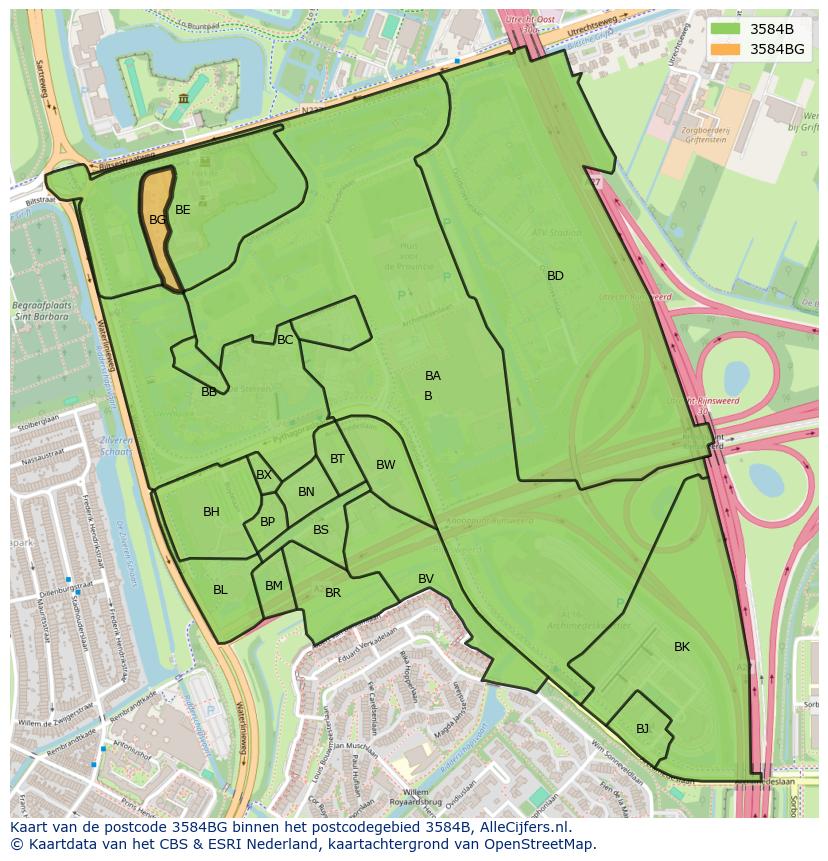 Afbeelding van het postcodegebied 3584 BG op de kaart.