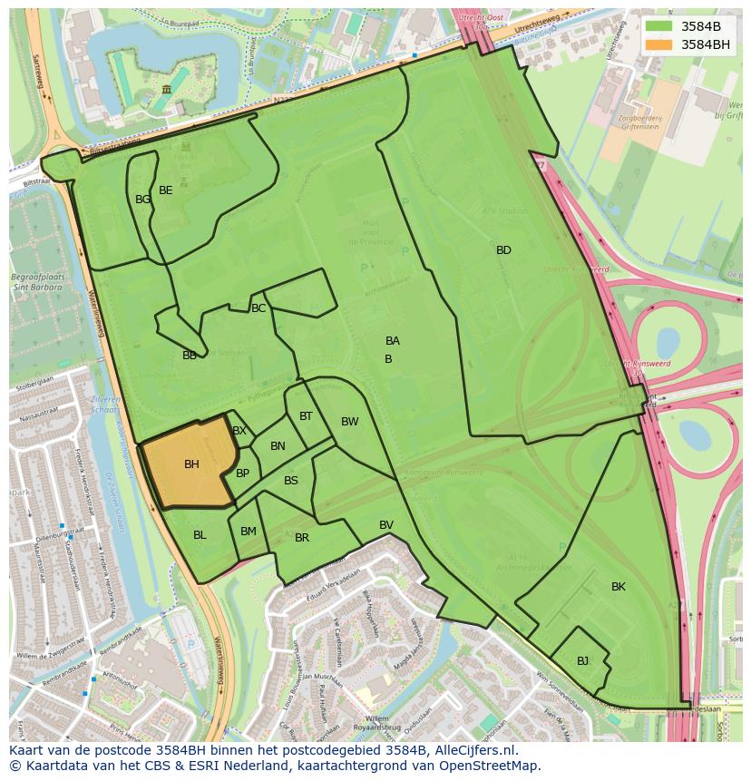Afbeelding van het postcodegebied 3584 BH op de kaart.