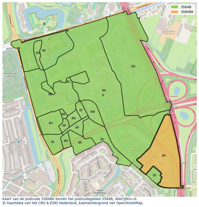 Afbeelding van het postcodegebied 3584 BK op de kaart.