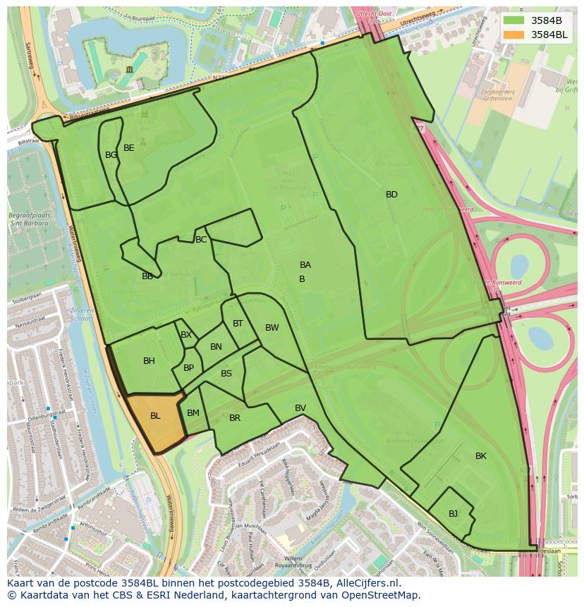 Afbeelding van het postcodegebied 3584 BL op de kaart.