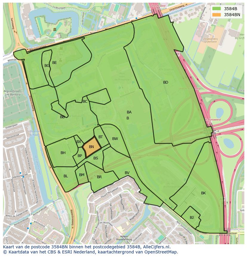 Afbeelding van het postcodegebied 3584 BN op de kaart.