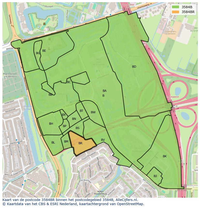Afbeelding van het postcodegebied 3584 BR op de kaart.