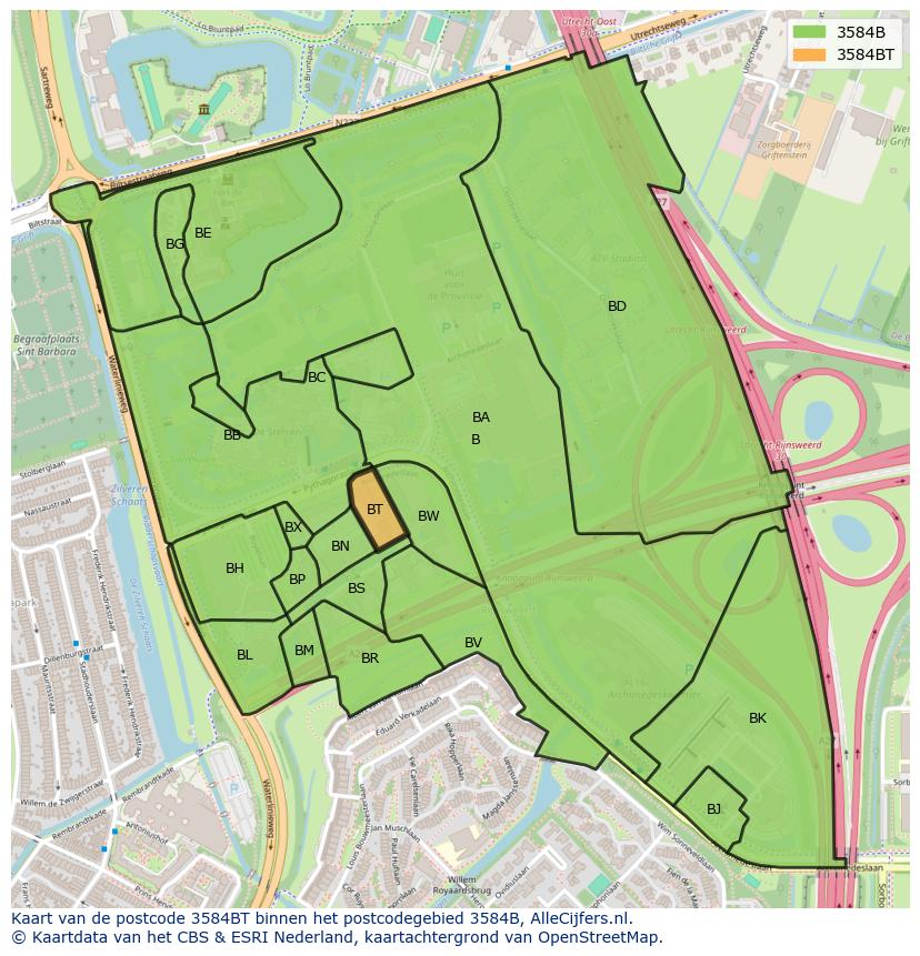 Afbeelding van het postcodegebied 3584 BT op de kaart.
