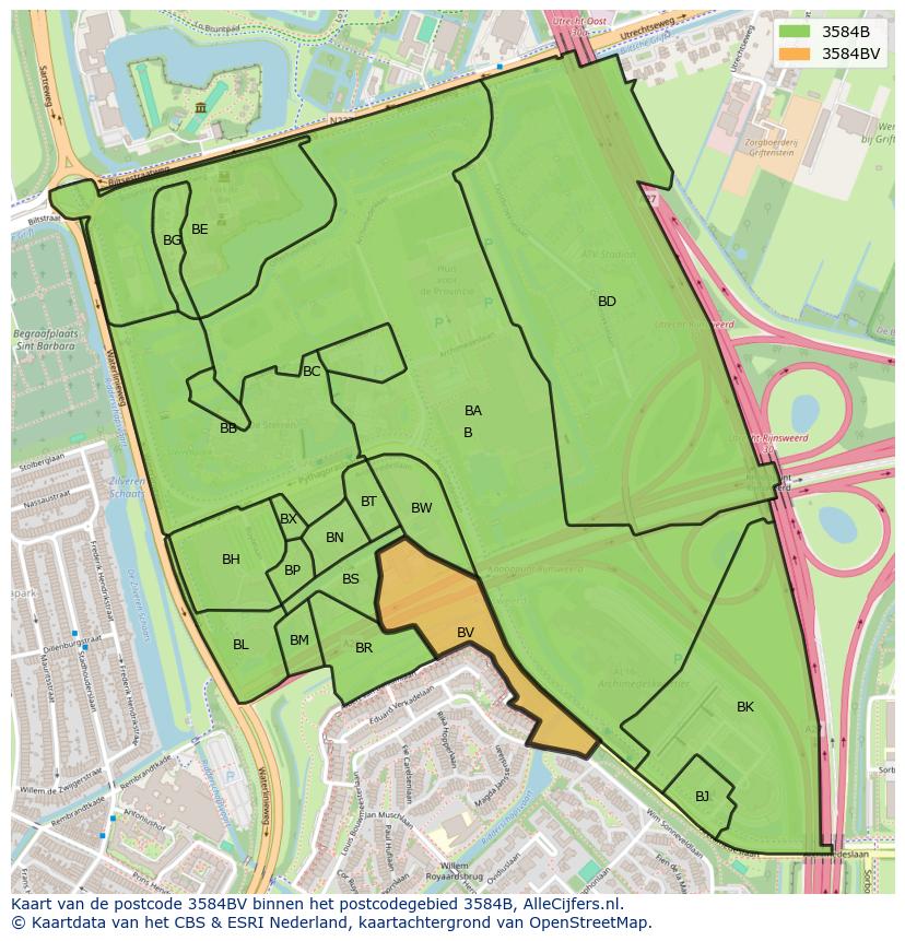 Afbeelding van het postcodegebied 3584 BV op de kaart.