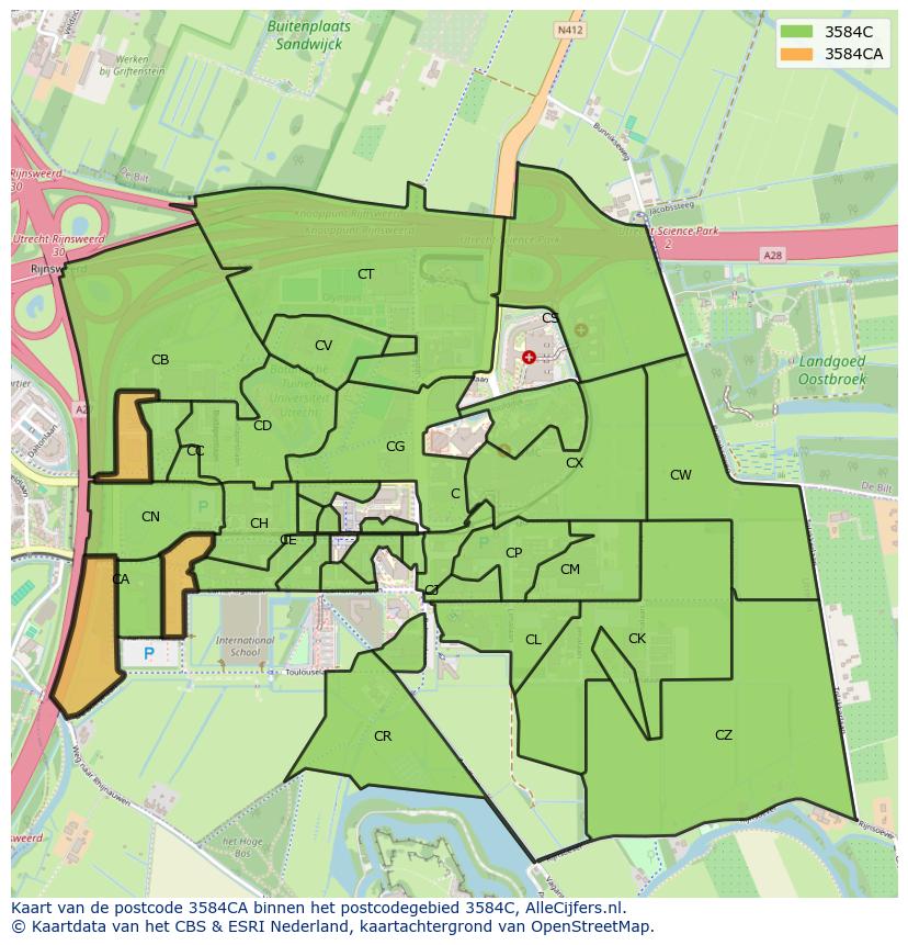 Afbeelding van het postcodegebied 3584 CA op de kaart.