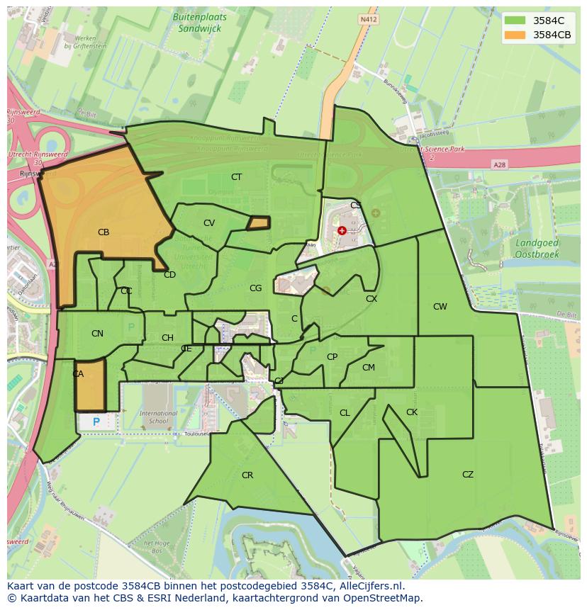 Afbeelding van het postcodegebied 3584 CB op de kaart.