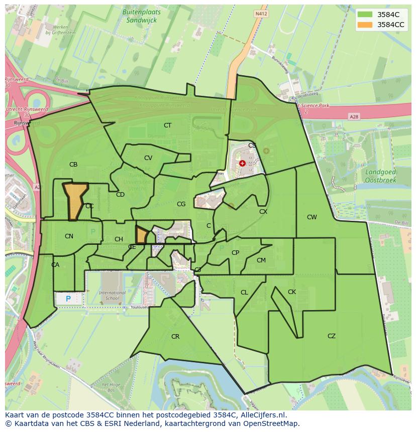 Afbeelding van het postcodegebied 3584 CC op de kaart.