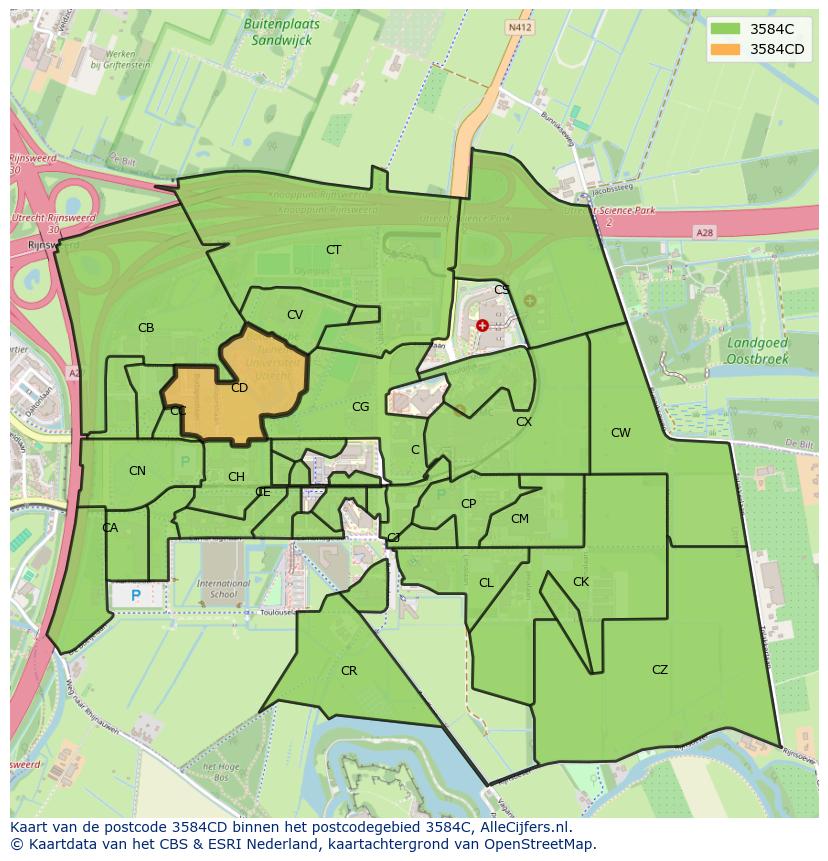 Afbeelding van het postcodegebied 3584 CD op de kaart.