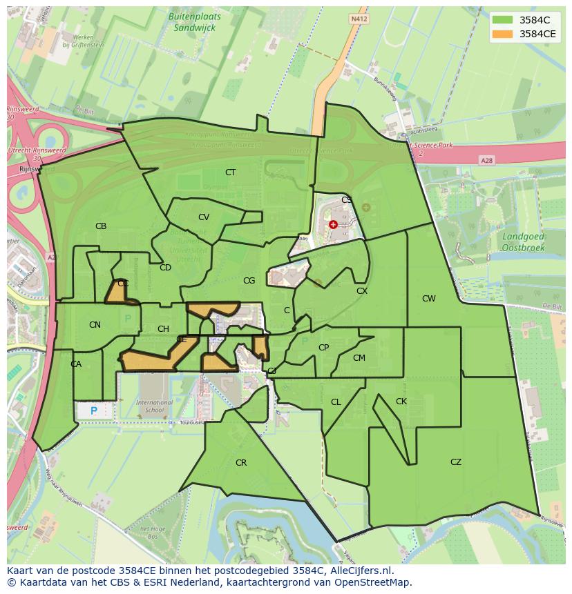 Afbeelding van het postcodegebied 3584 CE op de kaart.