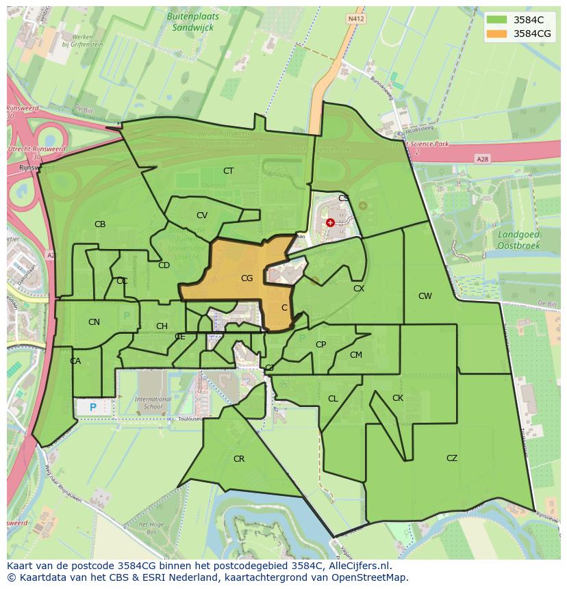Afbeelding van het postcodegebied 3584 CG op de kaart.