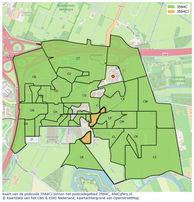 Afbeelding van het postcodegebied 3584 CJ op de kaart.
