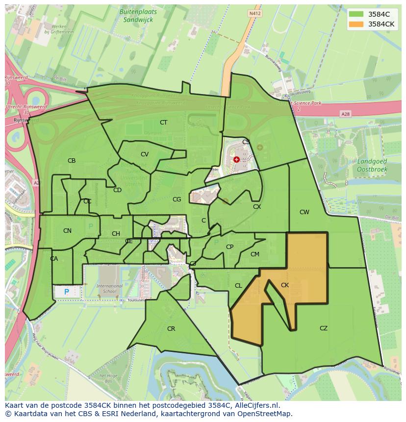Afbeelding van het postcodegebied 3584 CK op de kaart.
