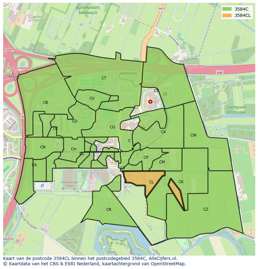 Afbeelding van het postcodegebied 3584 CL op de kaart.