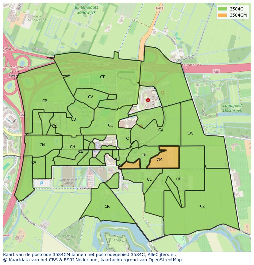 Afbeelding van het postcodegebied 3584 CM op de kaart.