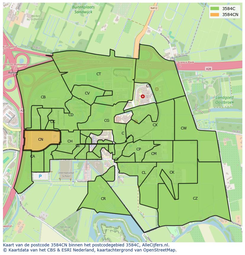 Afbeelding van het postcodegebied 3584 CN op de kaart.