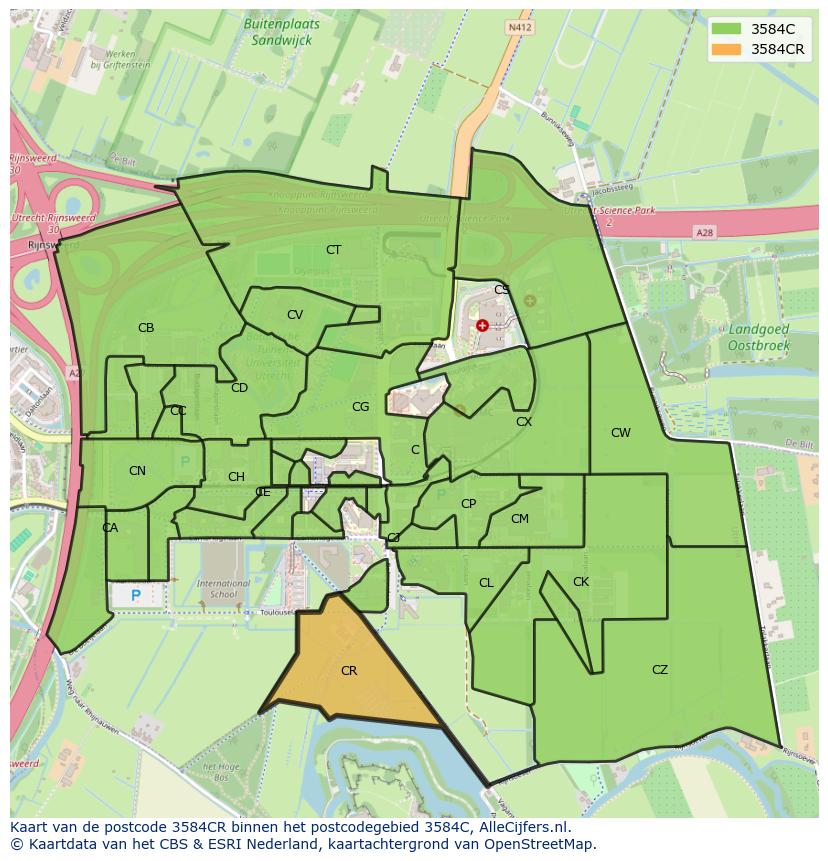 Afbeelding van het postcodegebied 3584 CR op de kaart.