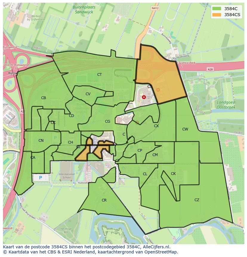 Afbeelding van het postcodegebied 3584 CS op de kaart.