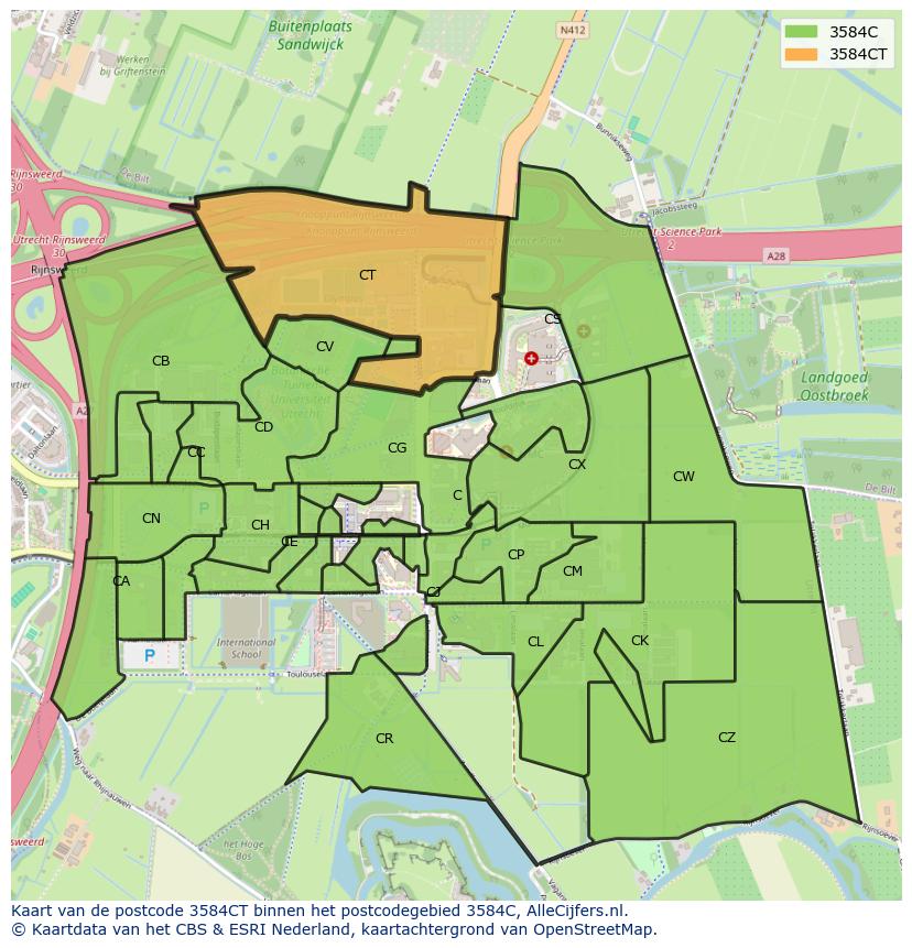 Afbeelding van het postcodegebied 3584 CT op de kaart.
