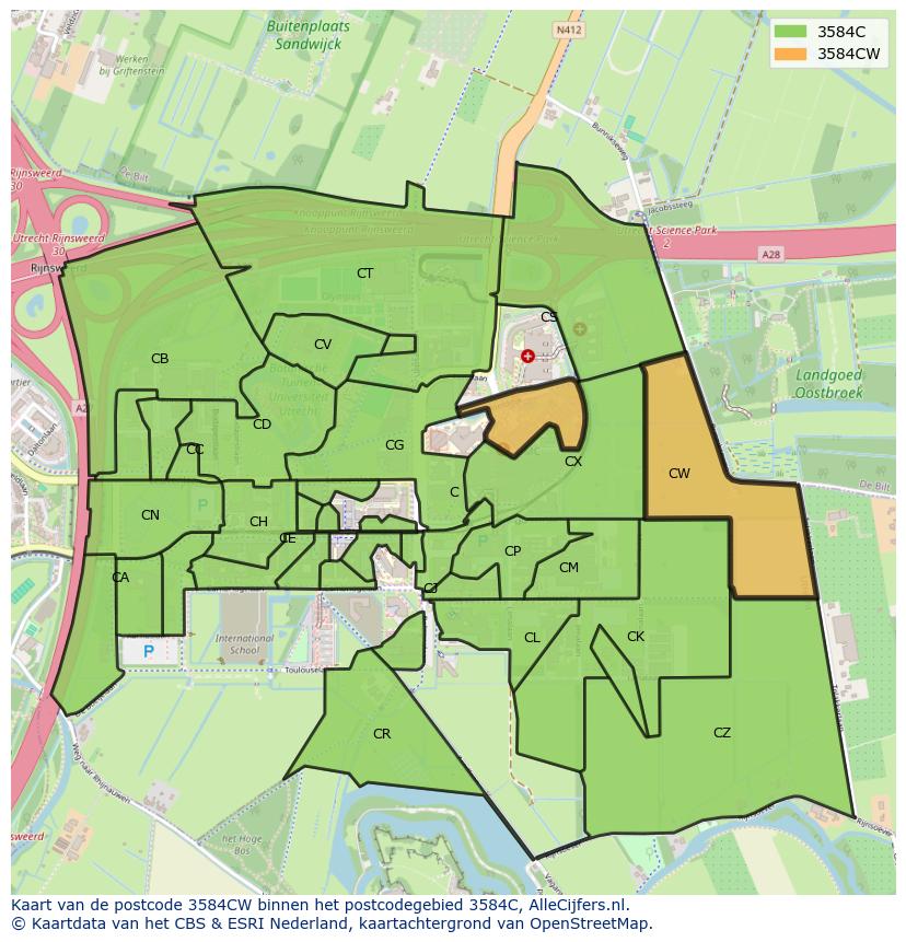 Afbeelding van het postcodegebied 3584 CW op de kaart.