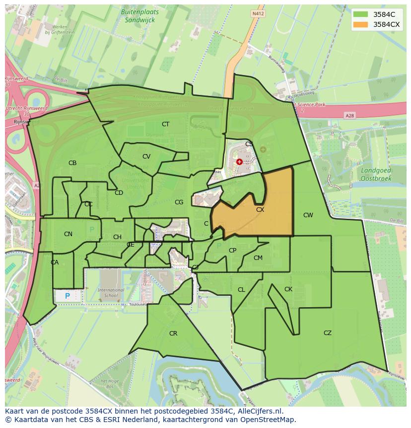Afbeelding van het postcodegebied 3584 CX op de kaart.