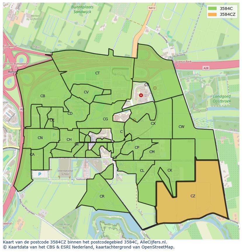 Afbeelding van het postcodegebied 3584 CZ op de kaart.