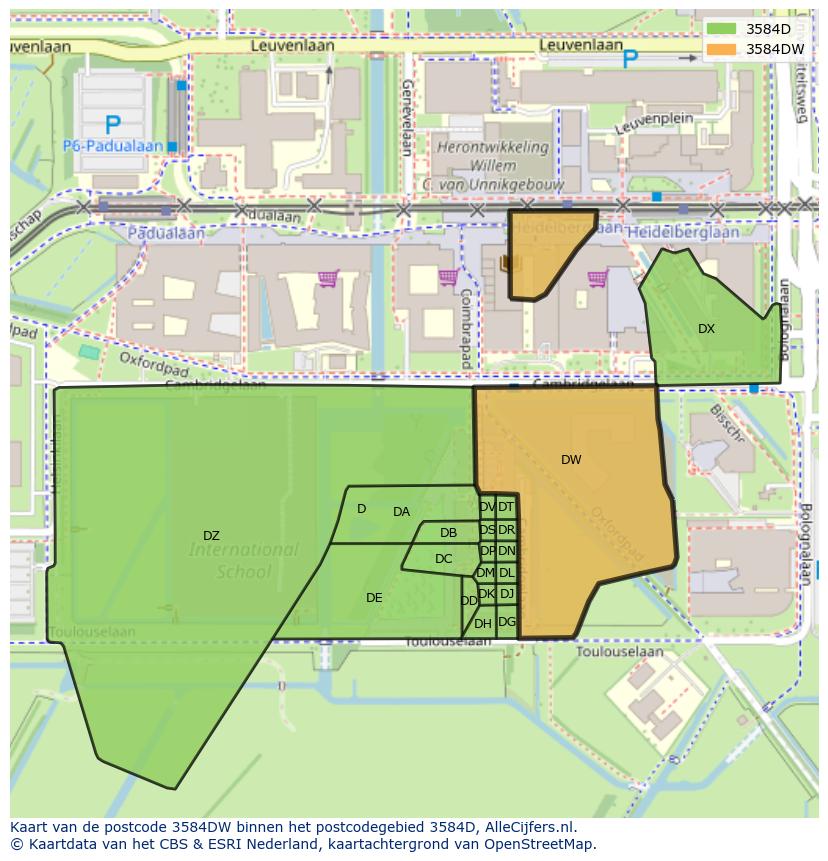 Afbeelding van het postcodegebied 3584 DW op de kaart.
